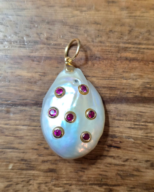 Unique 14k Gold Ruby & Pearl Pendant
