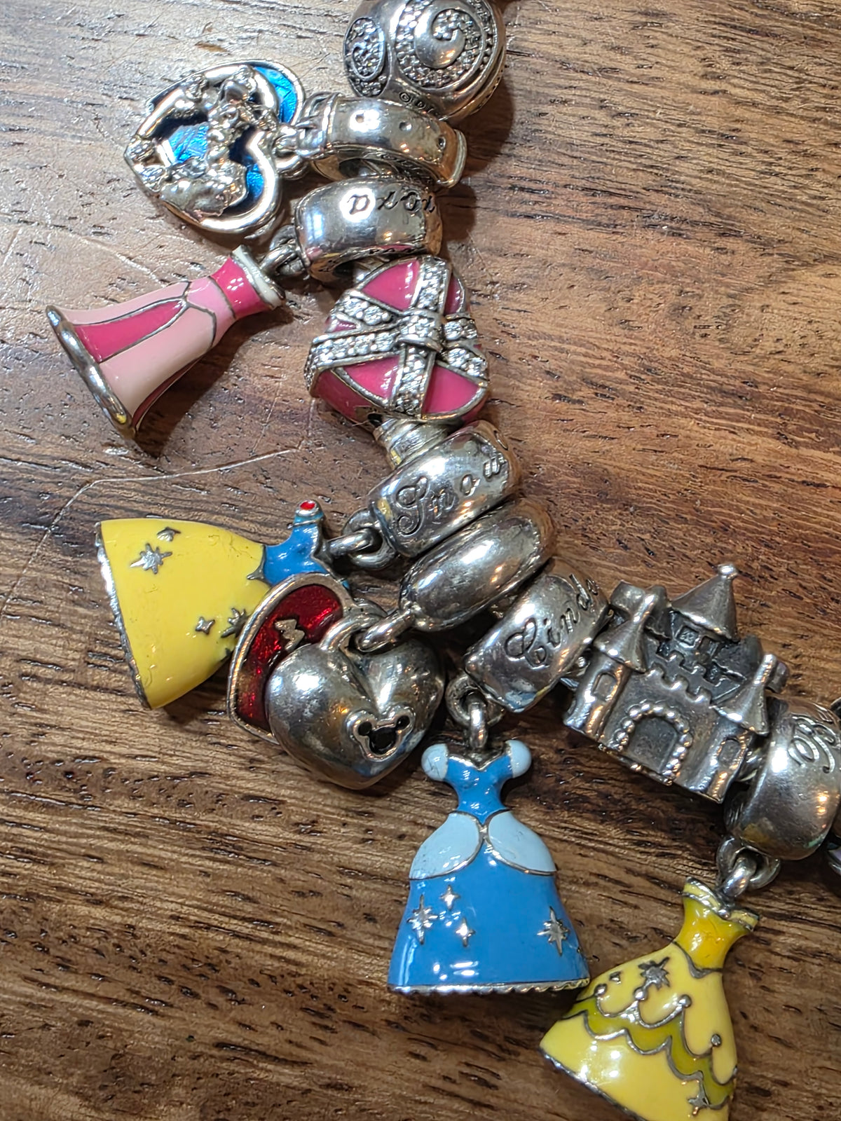 Authentic Pandora Disney Princess Charm Bracelet - 17 Charms Inc. 7 Dresses, 925