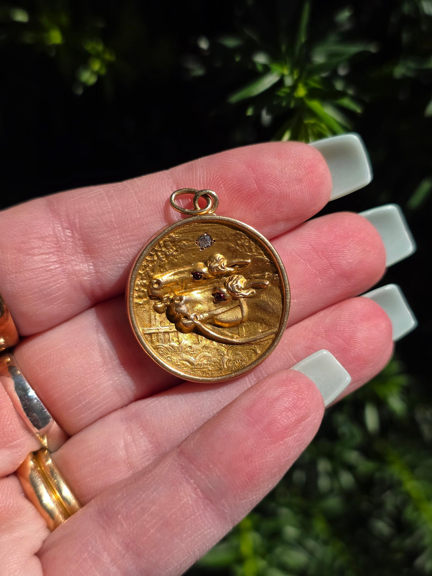 Antique 10k Double Horses Diamond & Garnet Locket