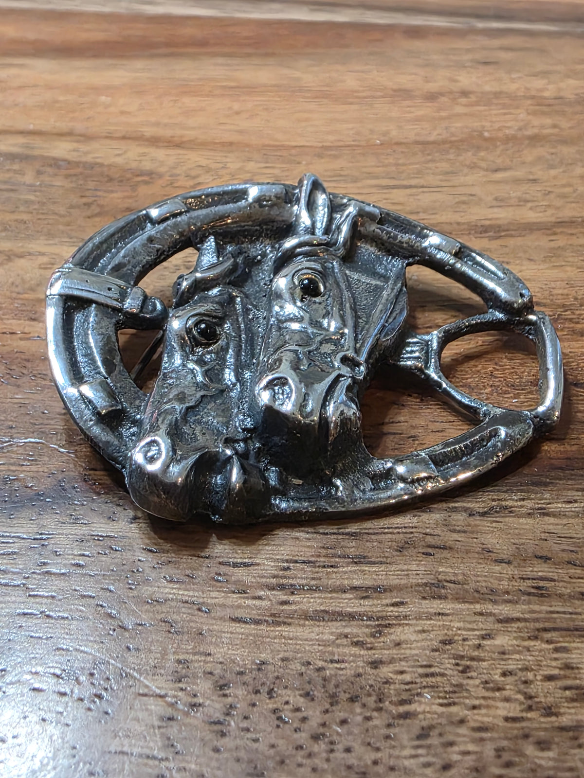 Antique Sterling Silver Double Horse Head Horseshoe Brooch Pin Equestrian Racing
