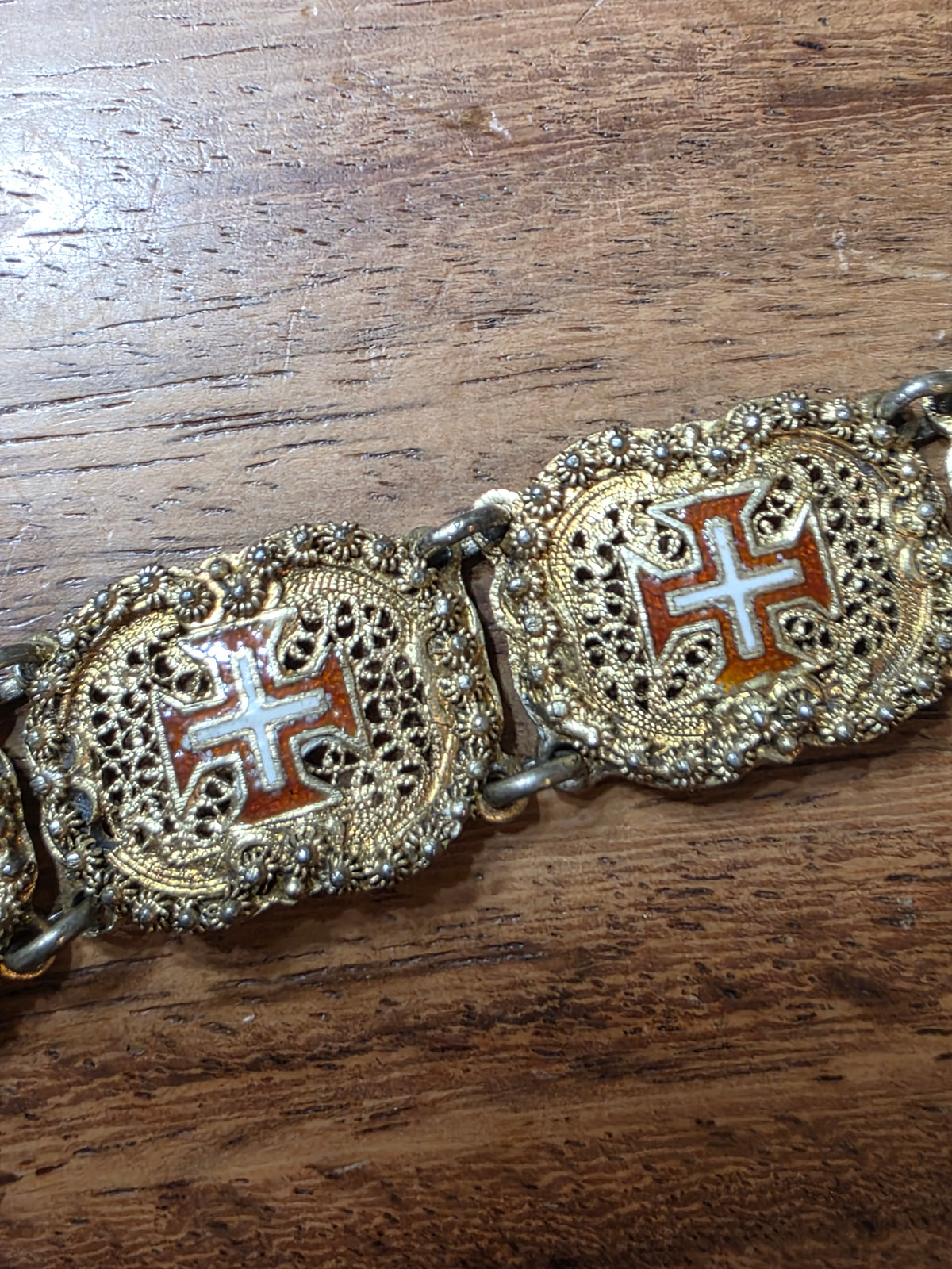 Antique Portuguese .833 Silver Vermeil Filigree Bracelet Order of Christ Enamel