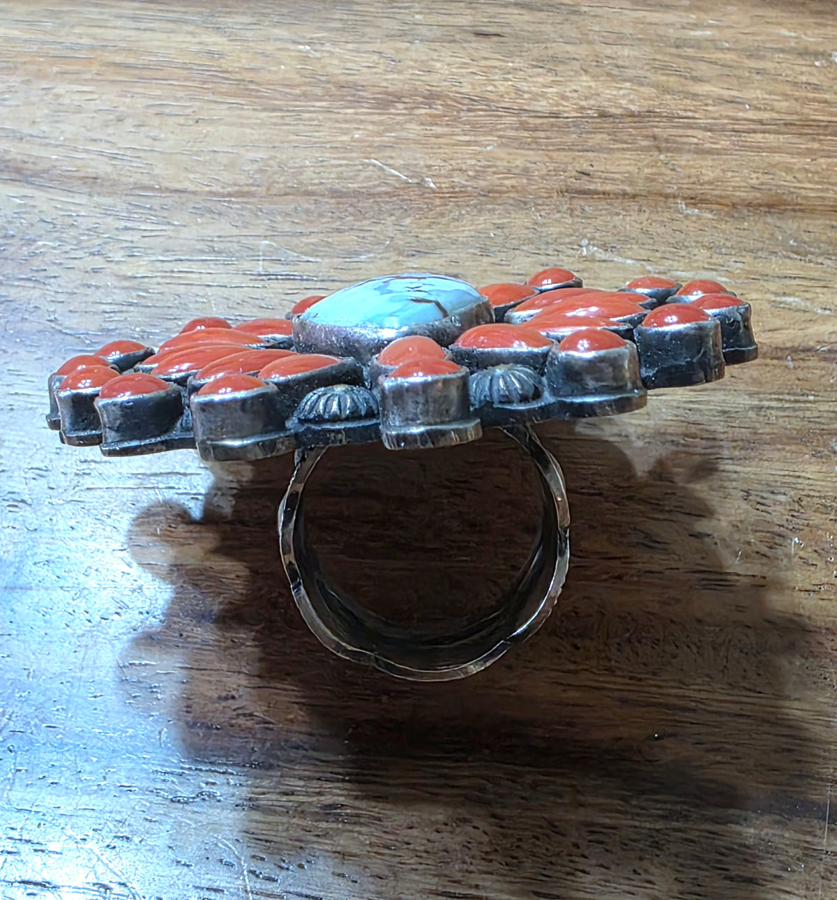 Shawn Cayatineto Navajo Golden Hills Turquoise & Red Coral Cluster Ring, Large