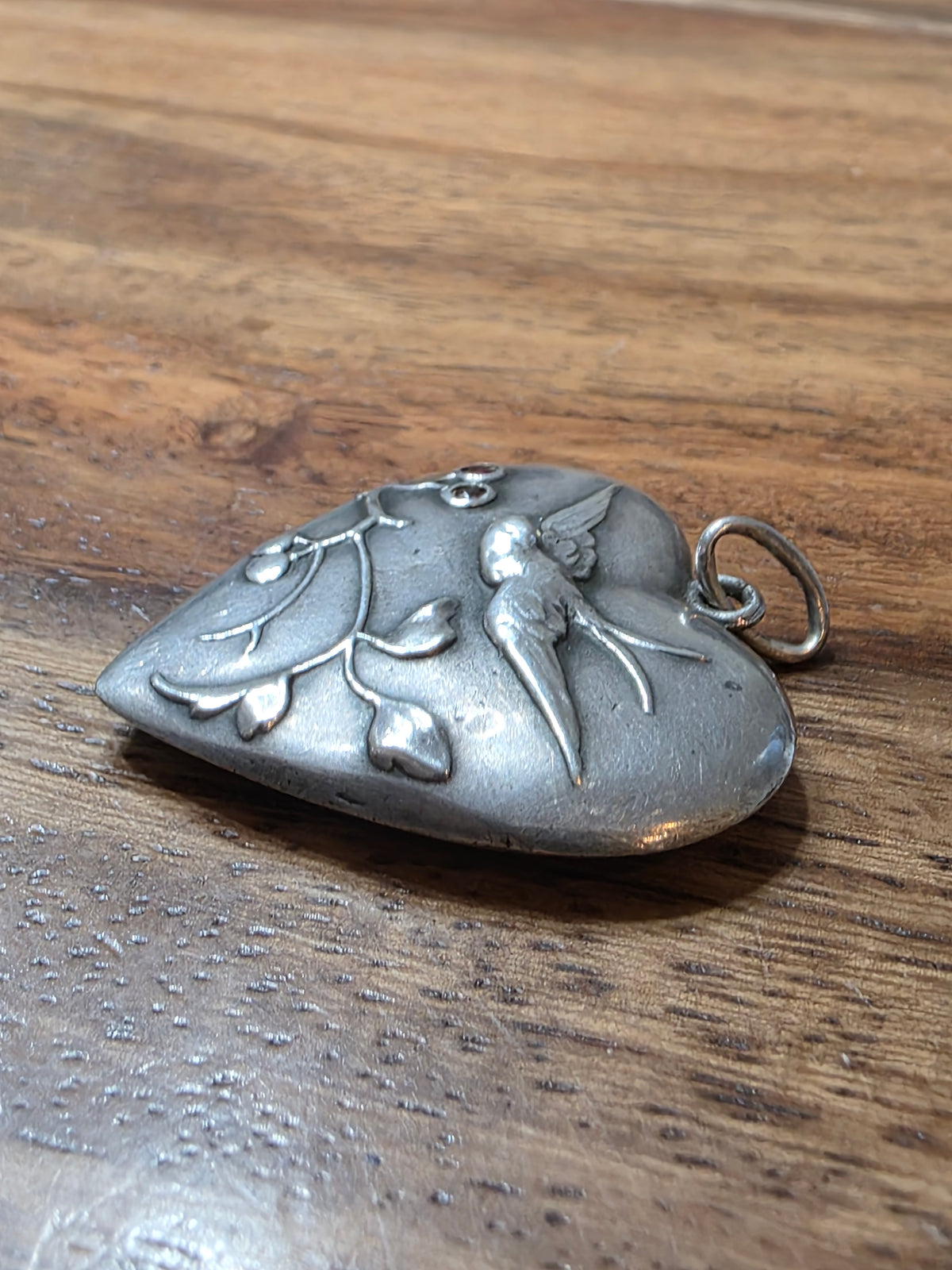 Antique European 800 Silver Puffy Heart Pendant Victorian Swallow & Ruby Berries