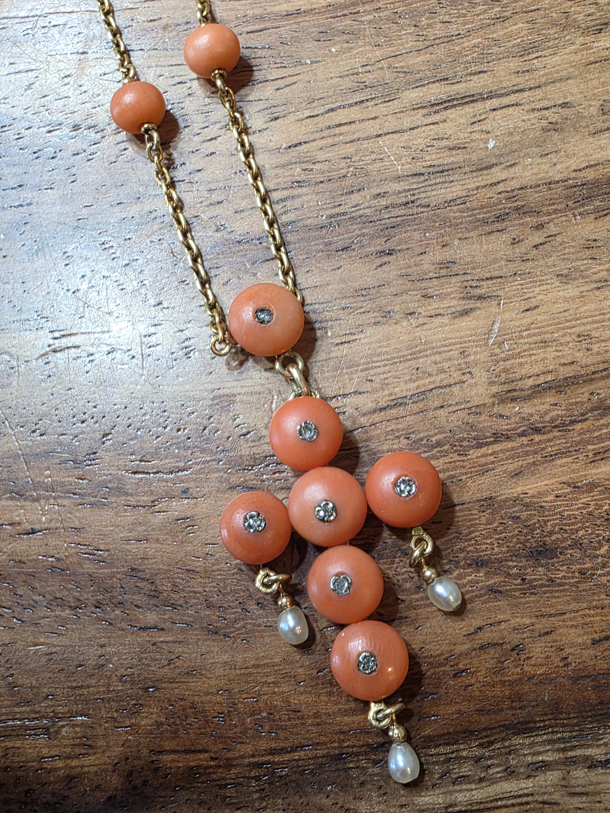 Antique Victorian 18K Gold Coral Diamond Seed Pearl Cross Pendant Necklace