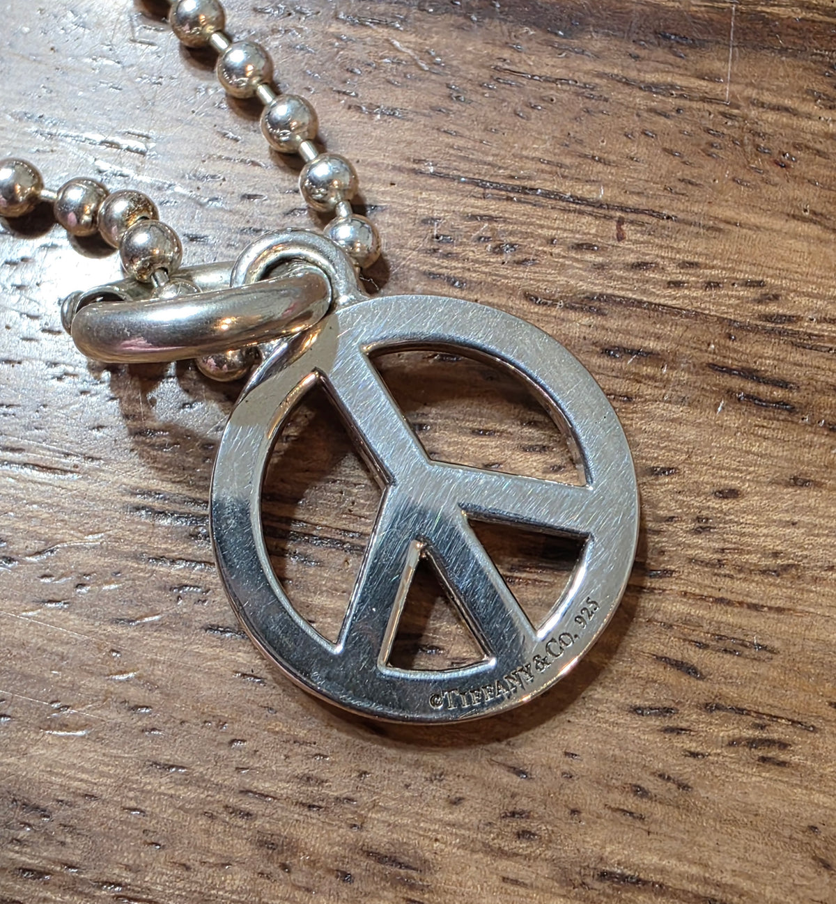 Tiffany & Co. Sterling Silver Peace Sign Pendant Necklace on Classic Ball Chain