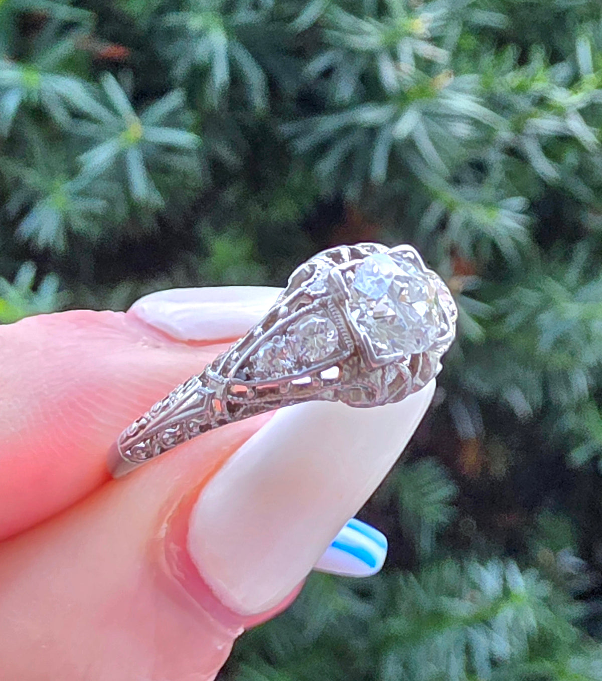 Art Deco Platinum Diamond Filigree Ring, .76ctw