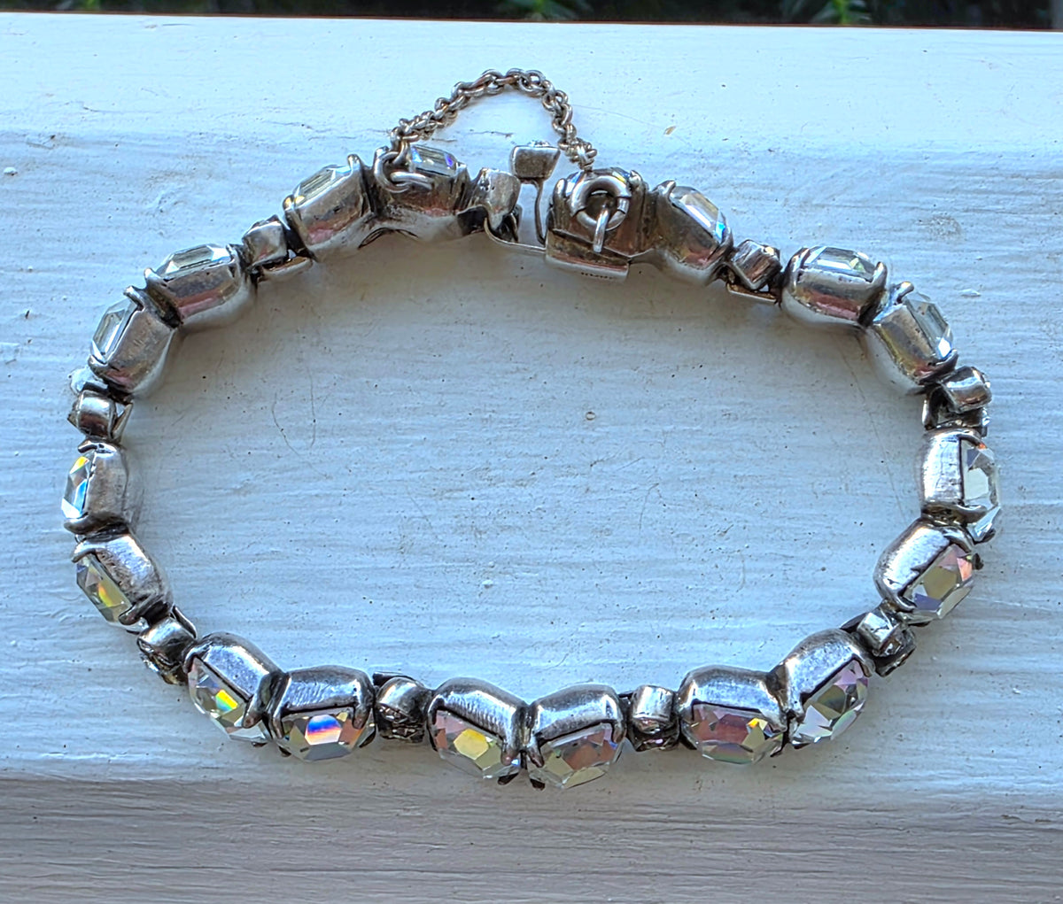 Vtg 1940s Eisenberg Original Sterling Silver Emerald Cut Rhinestone Bracelet