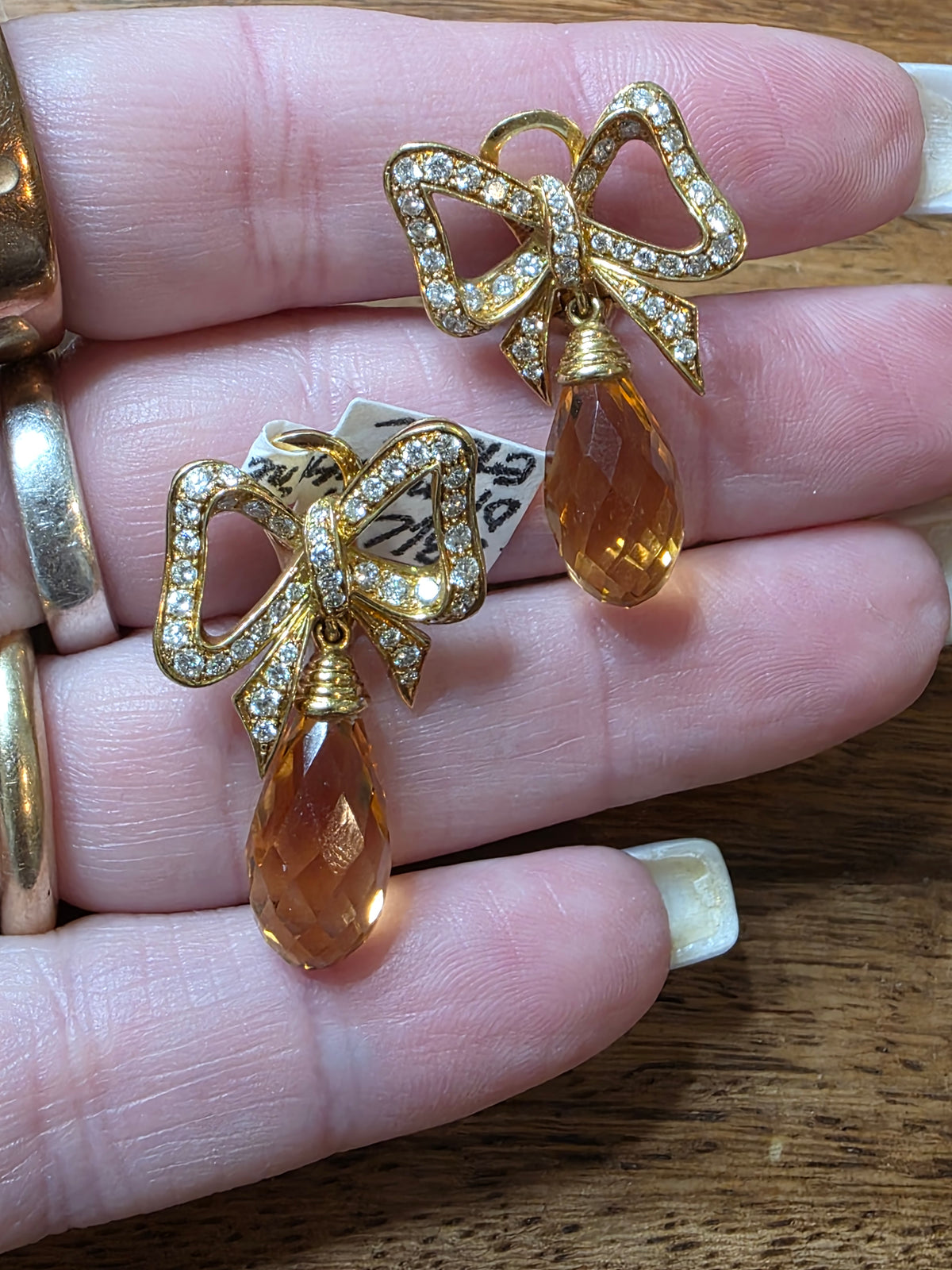 CHIMENTO Vintage 18K Yellow Gold Diamond Citrine Bow Drop Earrings 3189 AL 750