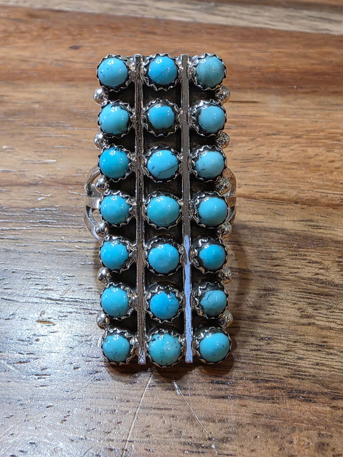 Zuni Style Native American Sterling Silver Snake Eye Turquoise 3 Row Ring