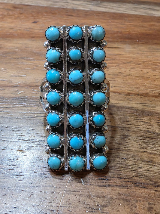Zuni Style Native American Sterling Silver Snake Eye Turquoise 3 Row Ring