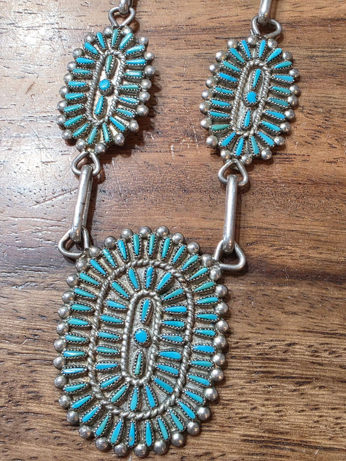Vintage Zuni R.Q. Panteah Turquoise Needlepoint Sterling Silver Cluster Necklace