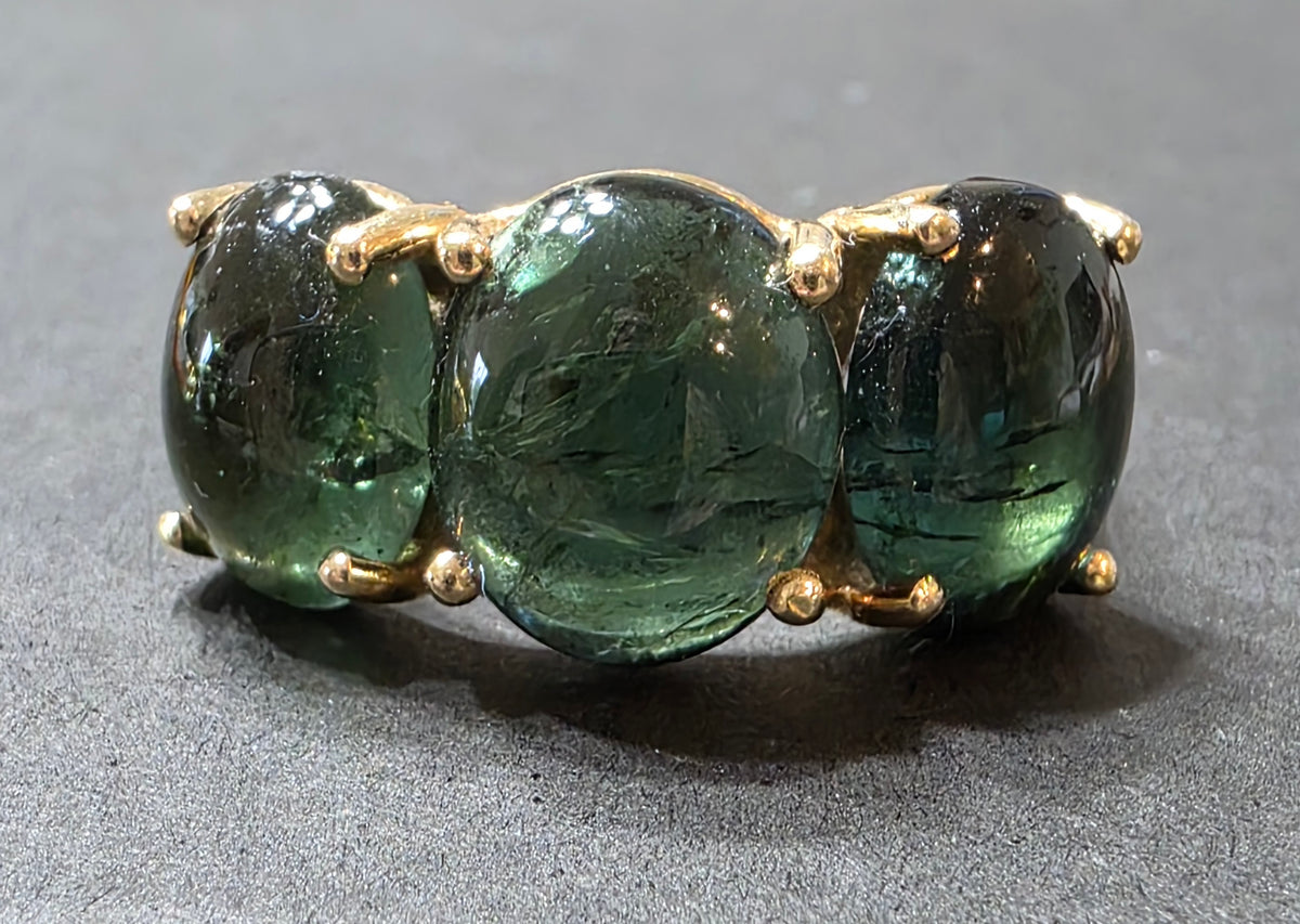 Charlie & Marcelle 14k Gold Small Gumdrop 3-Stone Green Tourmaline Cabochon Ring