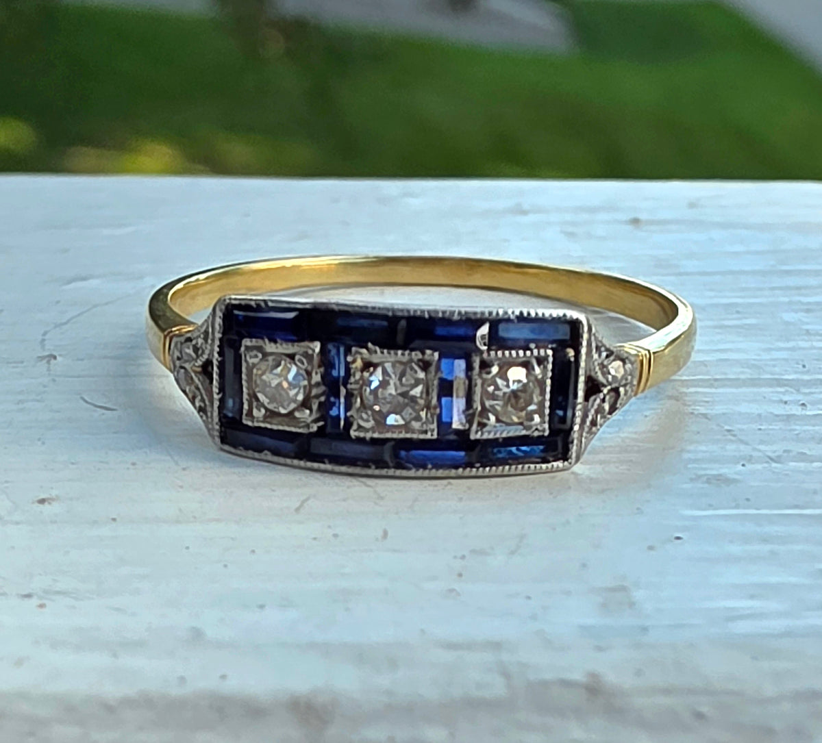Antique Art Deco 18K Gold & Platinum Diamond and Synthetic Sapphire Panel Ring