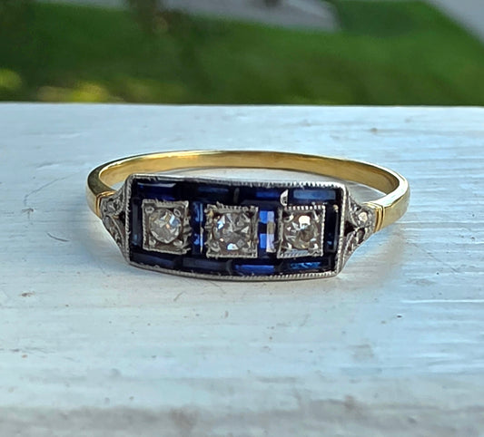 Antique Art Deco 18K Gold & Platinum Diamond and Synthetic Sapphire Panel Ring