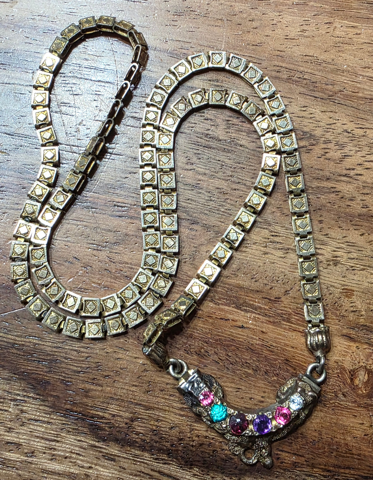 Antique Gold Filled Multi Color Paste Stone Book Chain Necklace