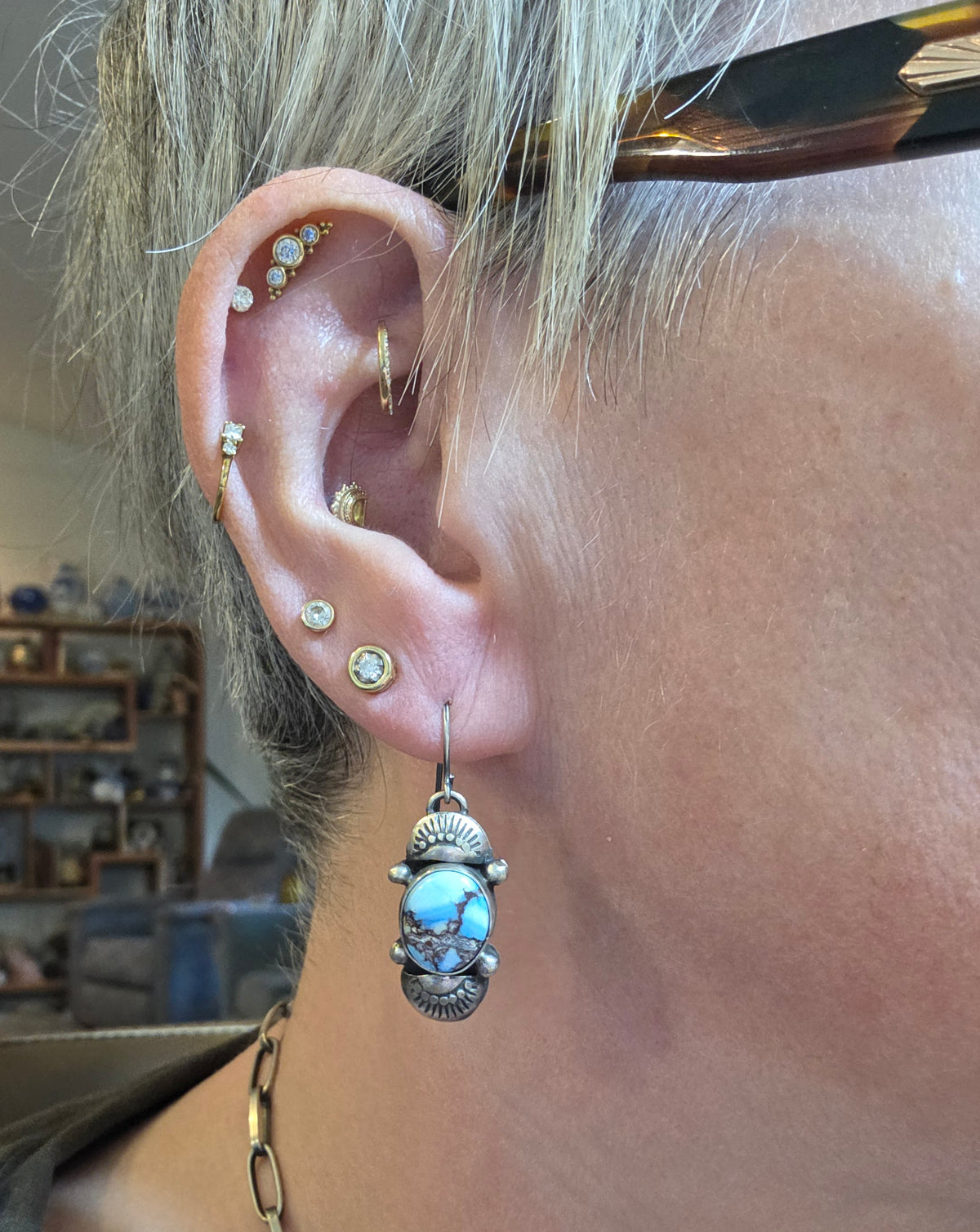 Navajo Golden Hills Turquoise Dangle Earrings, 925