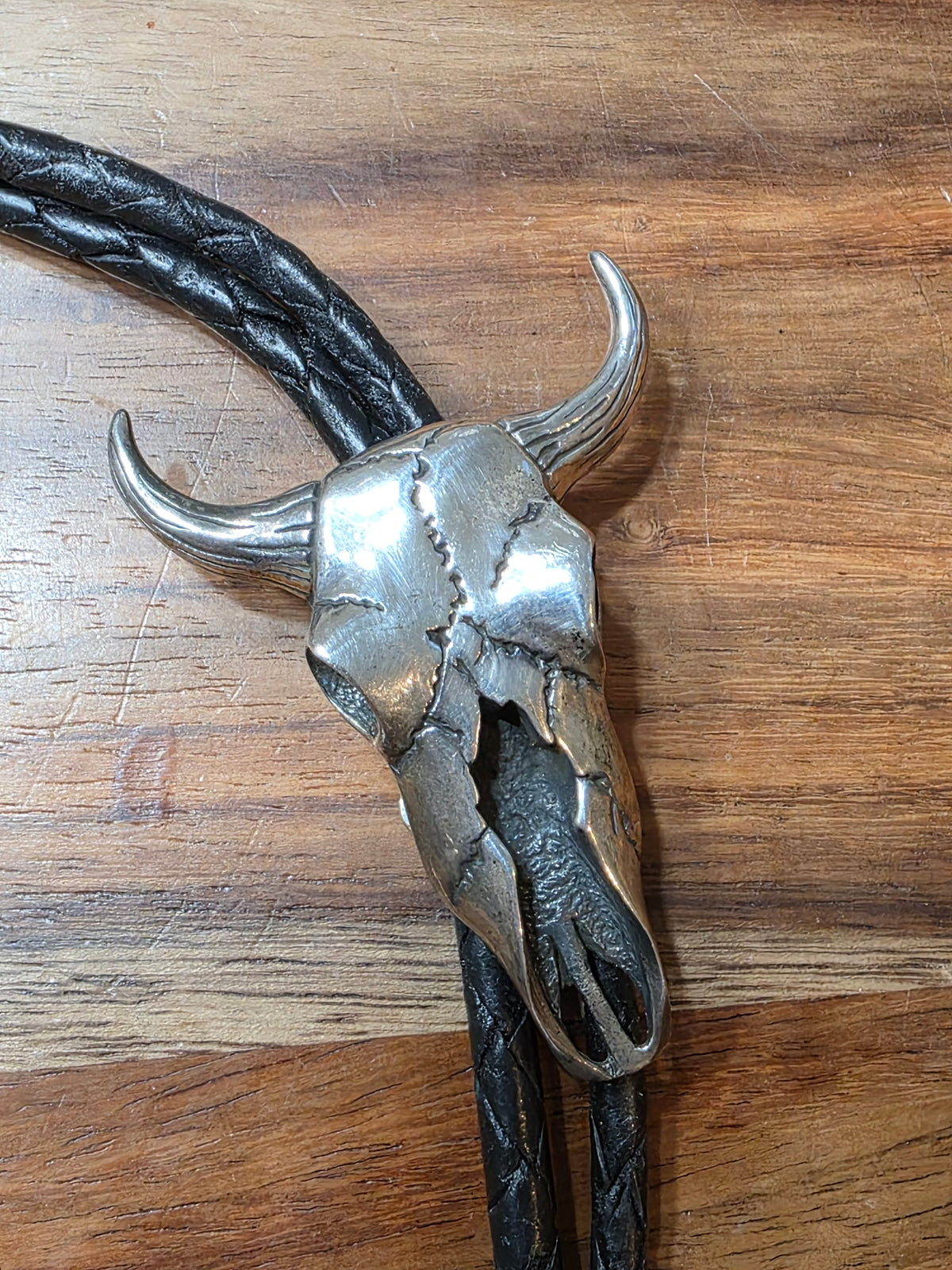 Vintage Southwestern Sterling 925 Highly Detailed Steer Skull Bolo Tie Necklace