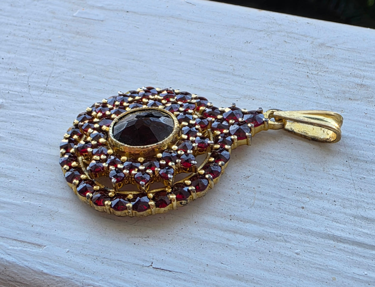Vintage Bohemian Garnet Cluster Pendant, 900 Silver Gold Vermeil, Czech Pyrope