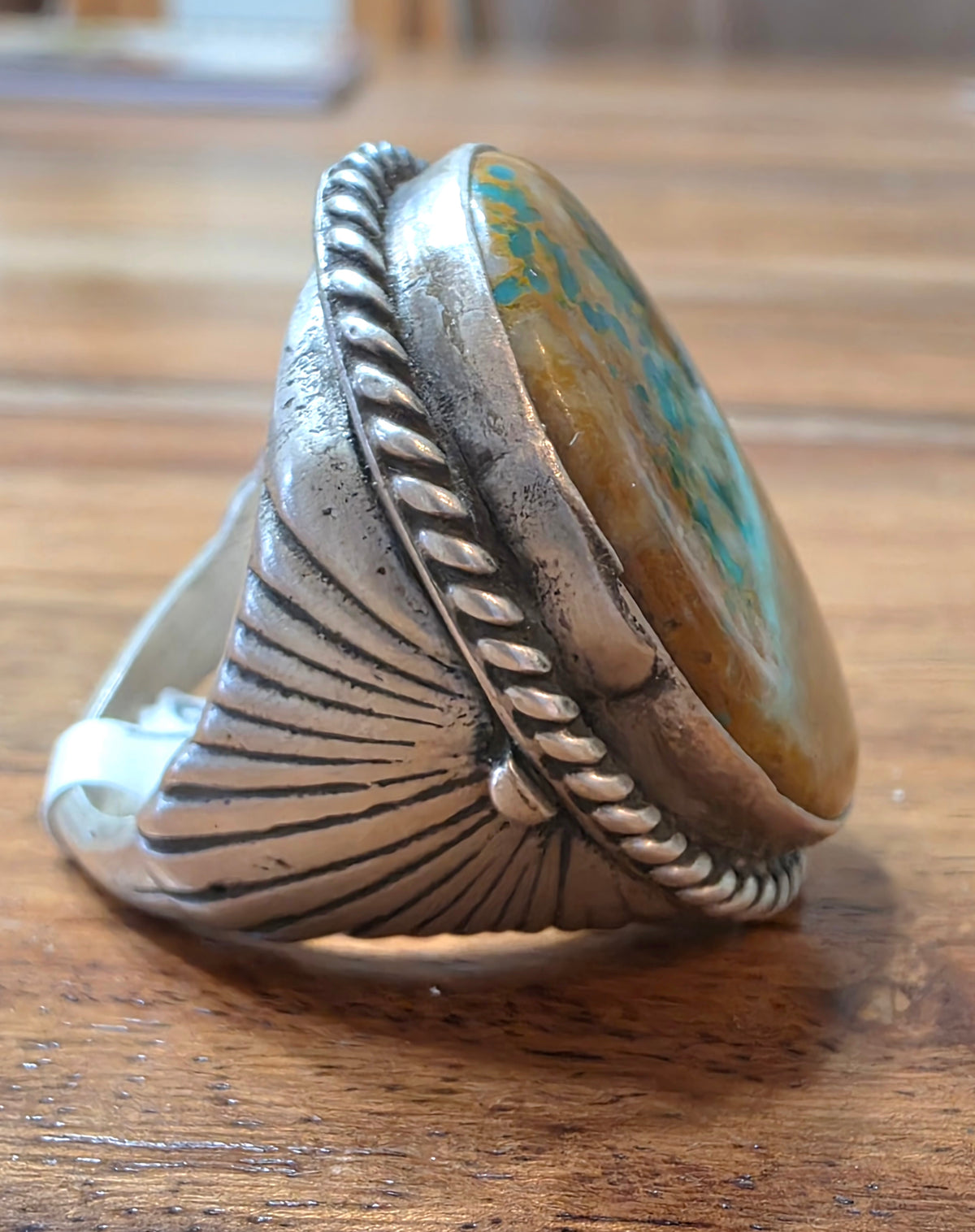 Heavy Sterling & Royston Turquoise Navajo Ring, Size 9.75