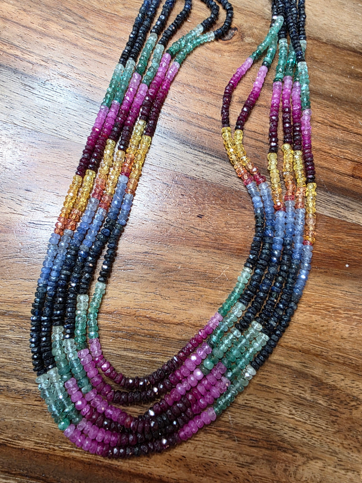 6-Strand Natural Sapphire Emerald & Ruby Faceted Bead Necklace Gold-Plated Clasp