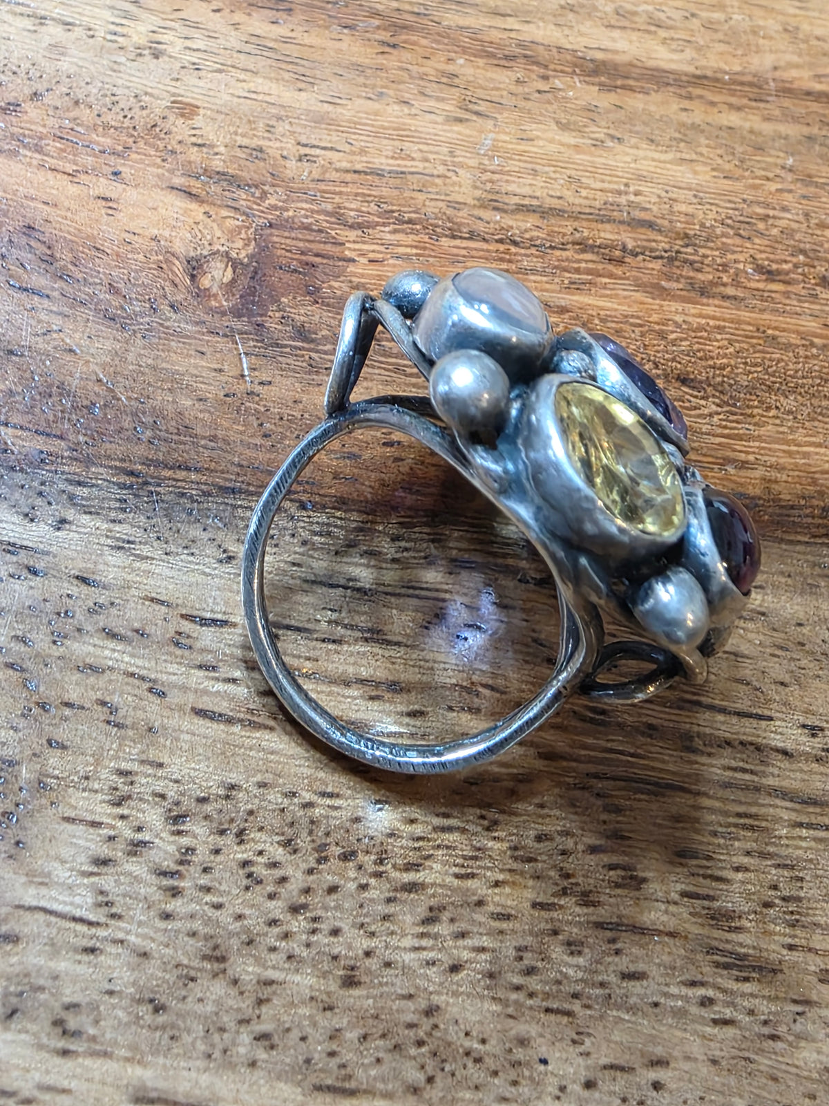 Retro 1930s Era Multi-Gemstone Sterling Ring, Moonstone Garnet Citrine
