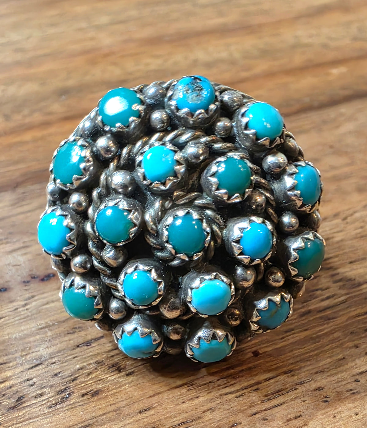 Vintage Zuni Weebothee Sterling Silver Turquoise Snake Eye Cluster Dome Ring