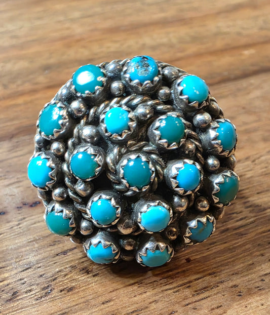 Vintage Zuni Weebothee Sterling Silver Turquoise Snake Eye Cluster Dome Ring
