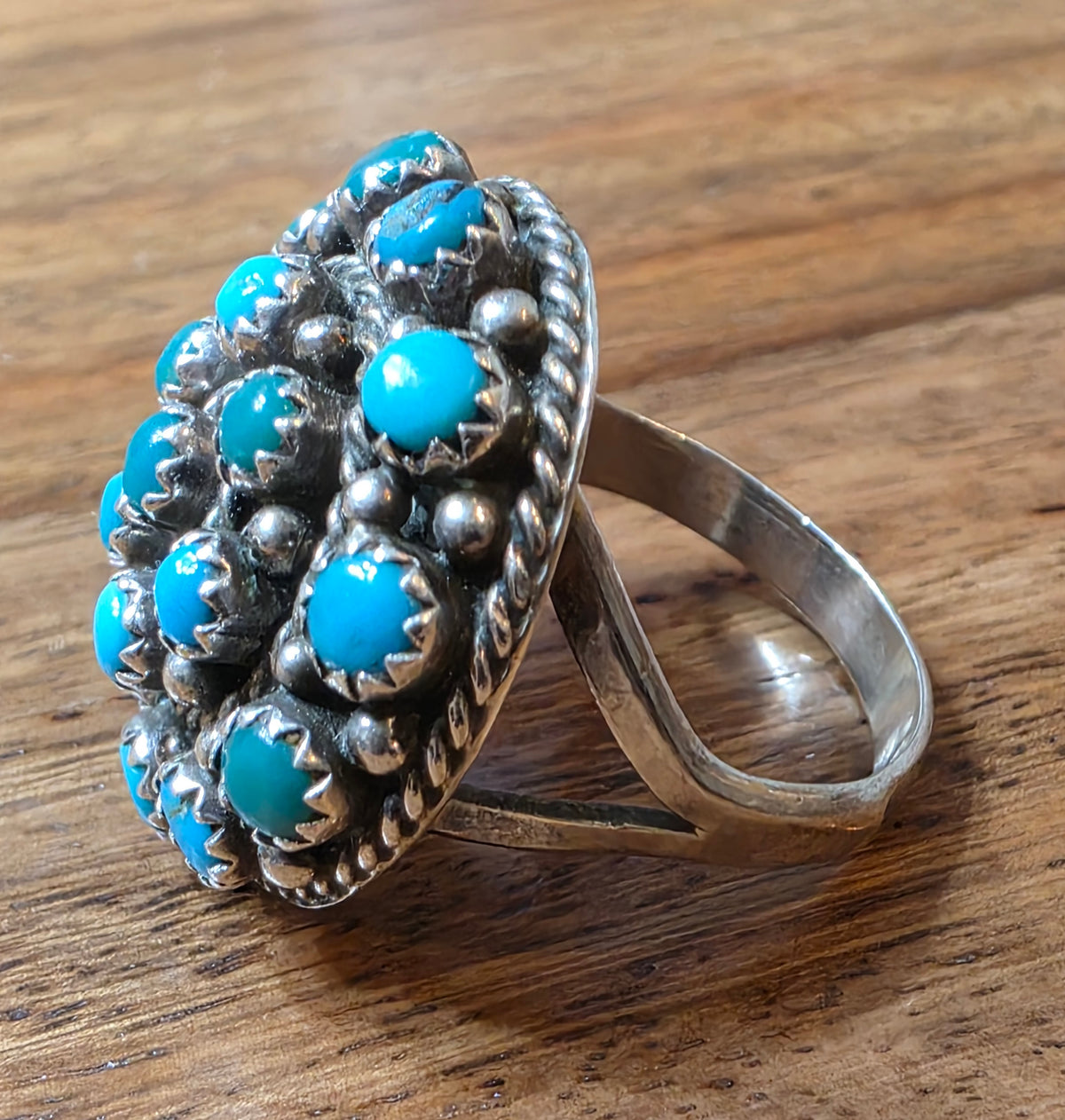 Vintage Zuni Weebothee Sterling Silver Turquoise Snake Eye Cluster Dome Ring