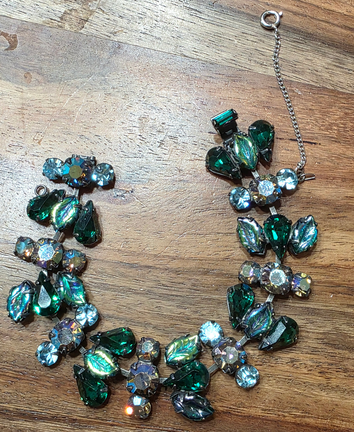 Vintage REGENCY Signed Green Molded Glass Leaf Rhinestone Necklace Bracelet Earring