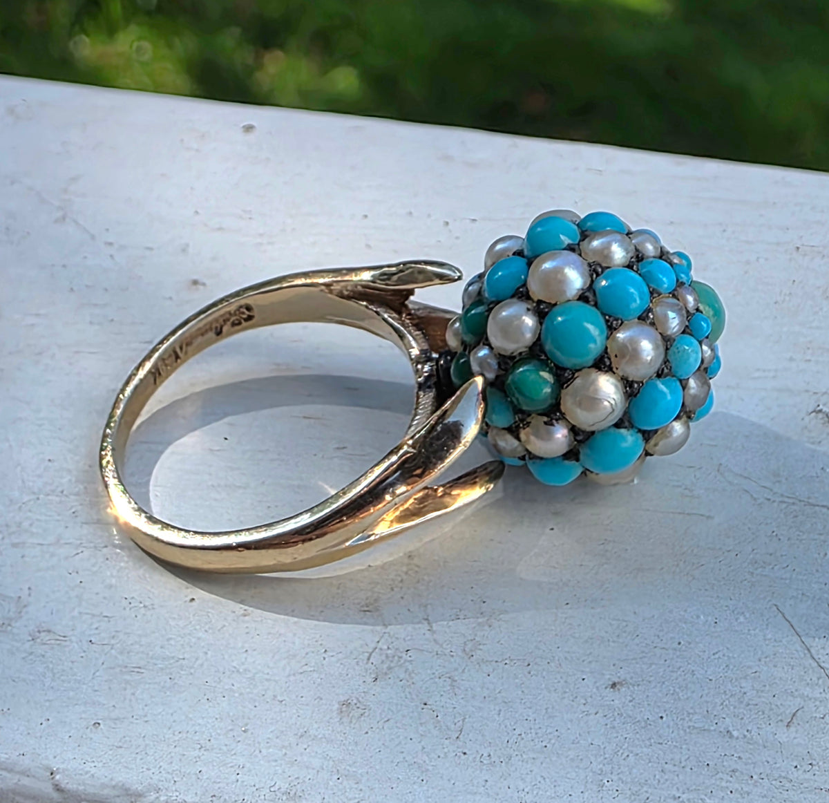 Vintage 14K Yellow Gold Falconi Signed Turquoise Pearl Basket Dome Cluster Ring