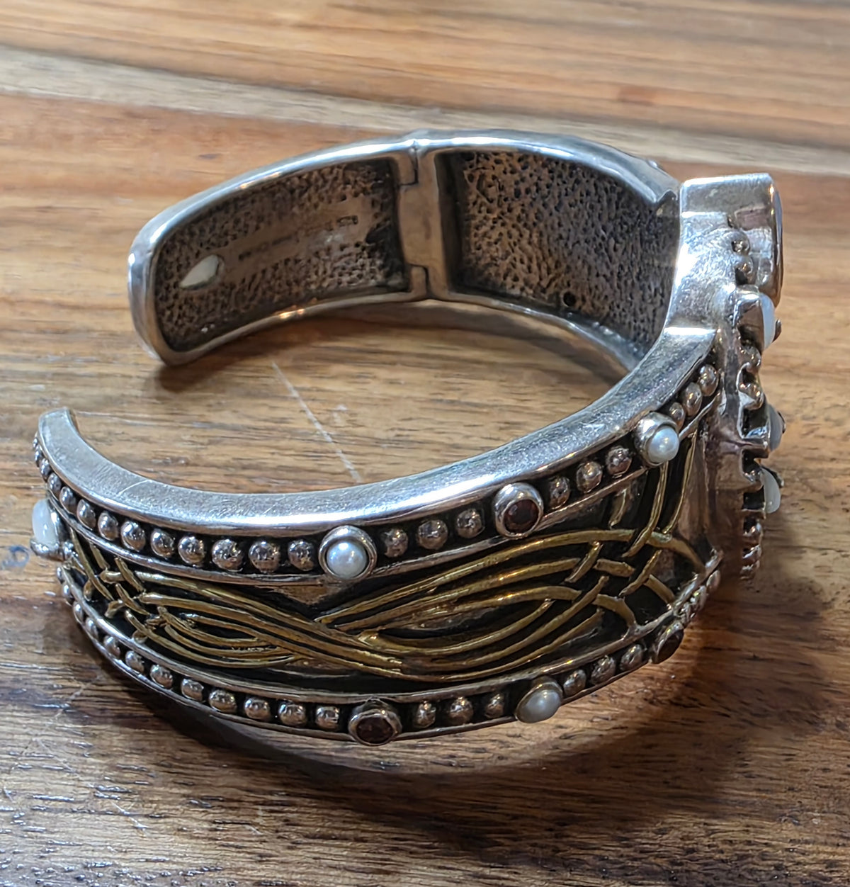 Echo of the Dreamer Sterling Silver Bronze Onyx Garnet Lily Cuff Bracelet