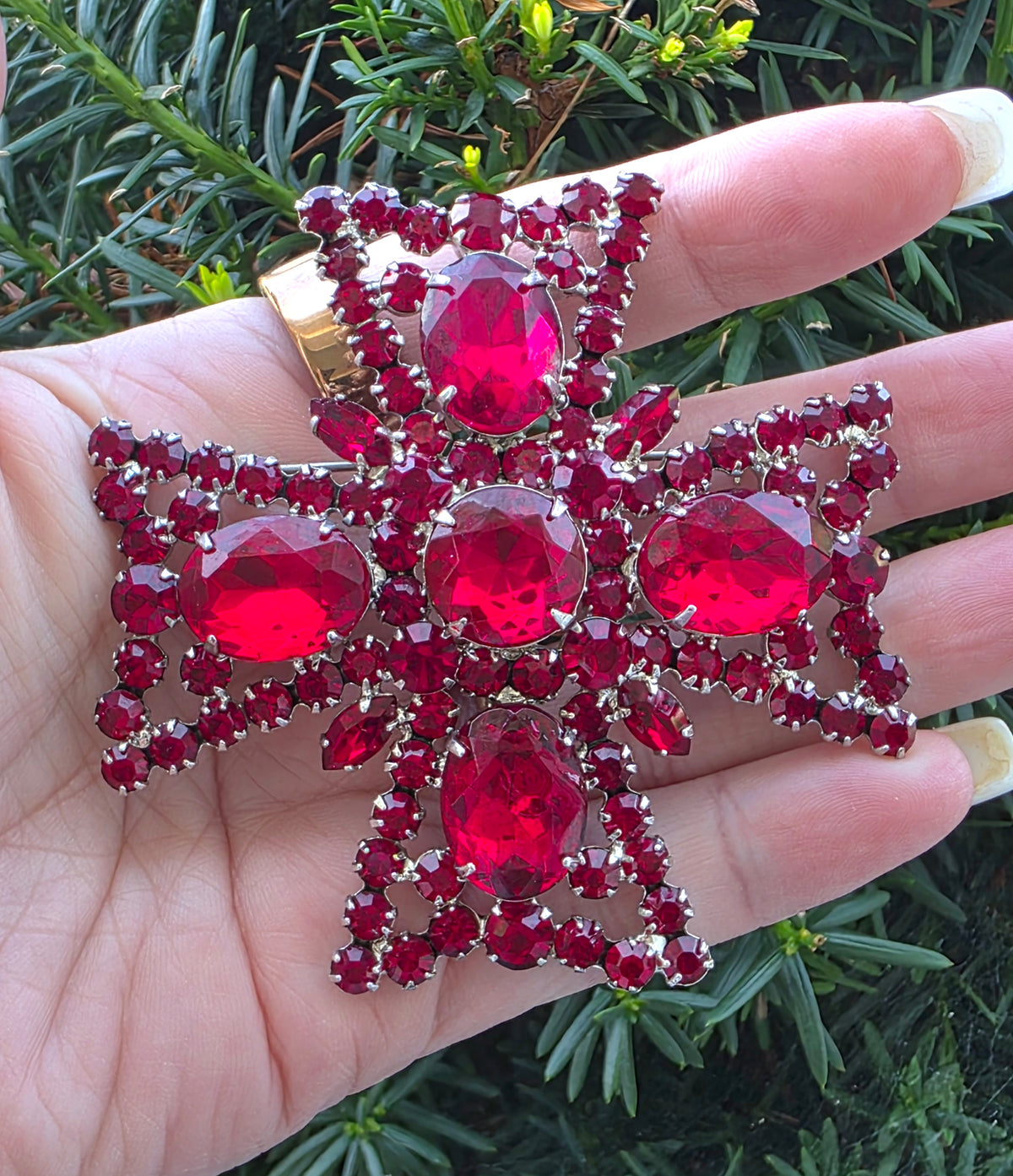 Large Vintage Juliana D&E Riche Cherry Red Maltese Cross Brooch Pendant