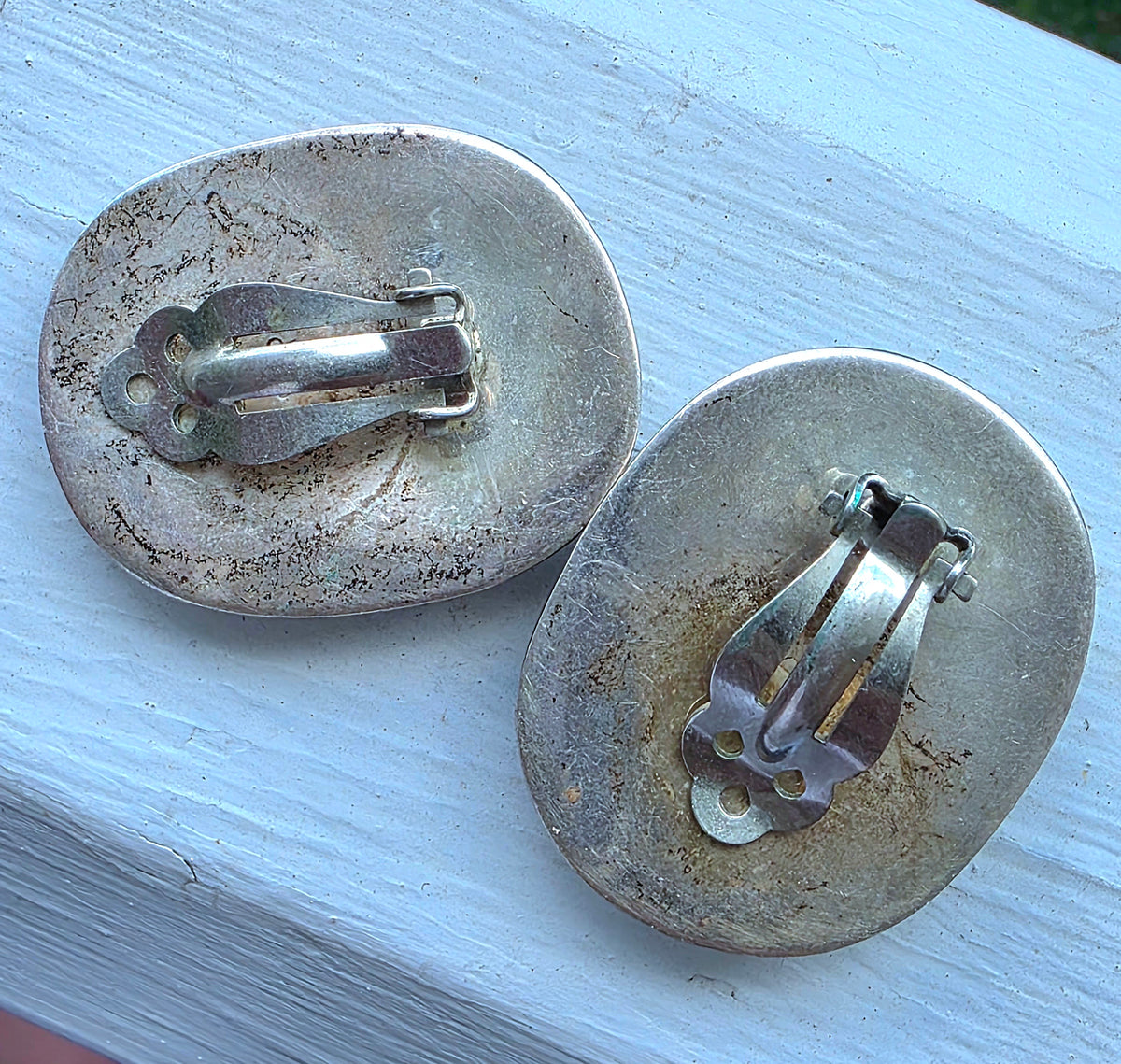 Vintage Navajo "JR" Sterling Silver Morenci Turquoise Clip Earrings