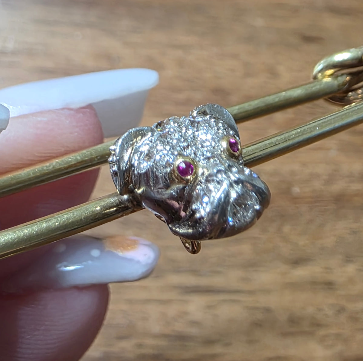 Edwardian 14k & Platinum Diamond Bulldog Safety Bar Pin