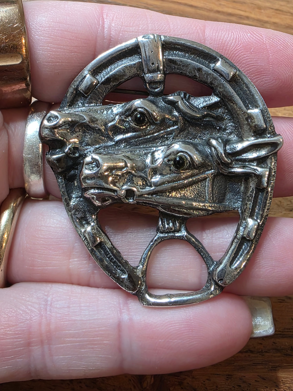 Antique Sterling Silver Double Horse Head Horseshoe Brooch Pin Equestrian Racing