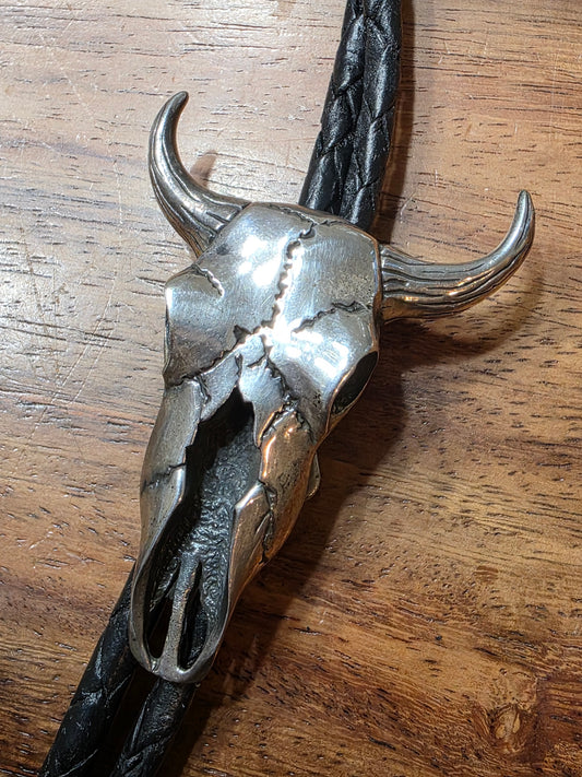 Vintage Southwestern Sterling 925 Highly Detailed Steer Skull Bolo Tie Necklace