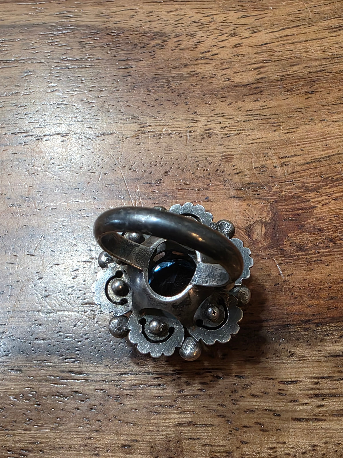 Vintage 925 Sterling Blue Topaz Flower Dome Cocktail Ring Tribal Modernist