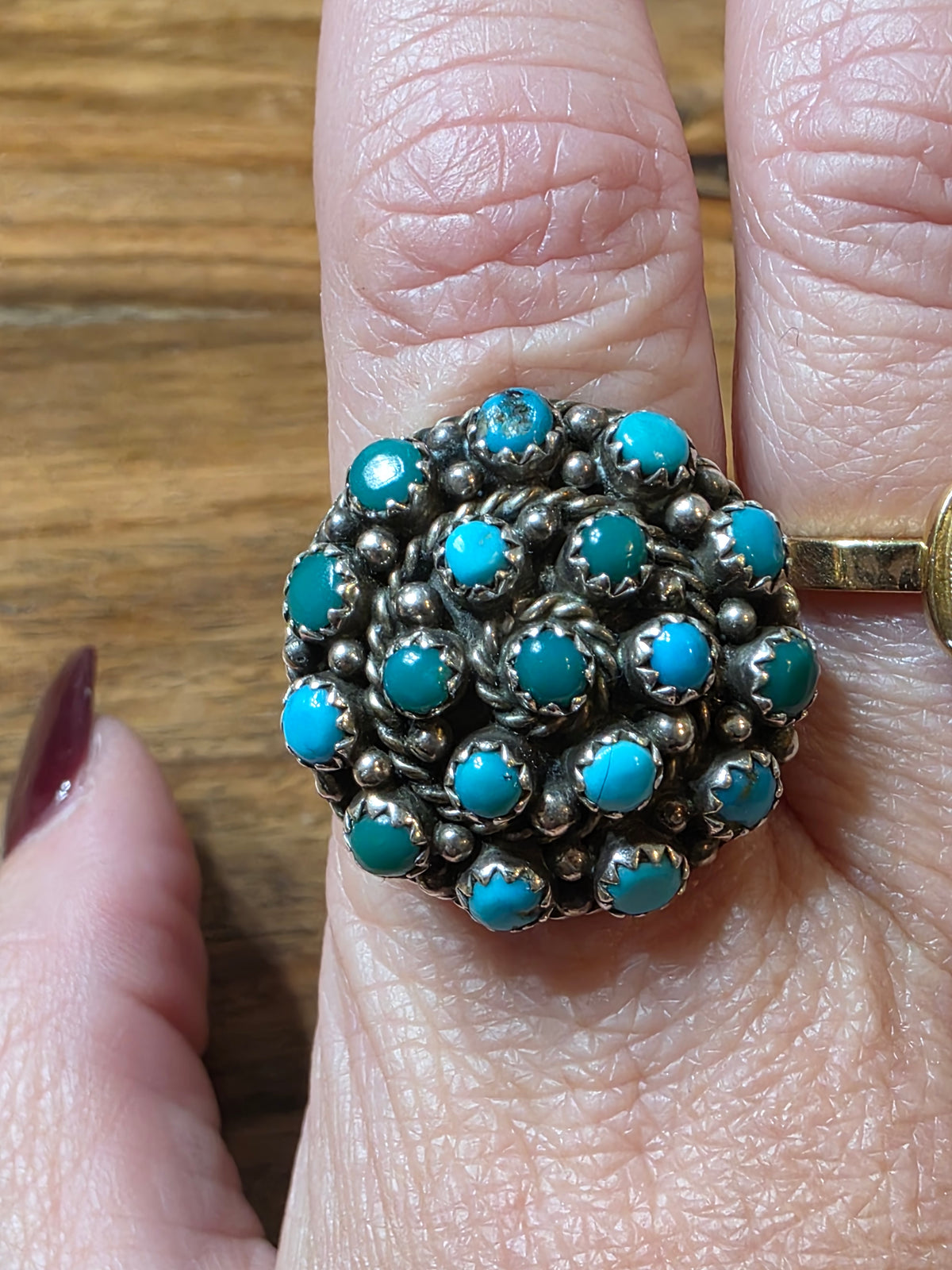 Vintage Zuni Weebothee Sterling Silver Turquoise Snake Eye Cluster Dome Ring
