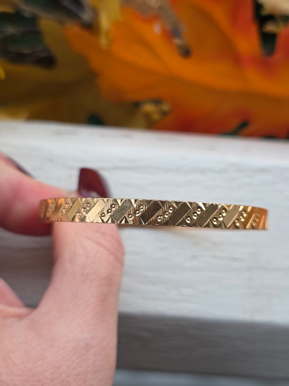 Vintage 14k Gold Patterned Bangle Bracelet - 6mm, 11.4 Grams