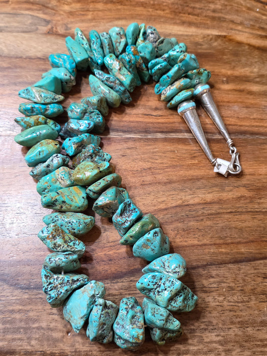 Federico Jimenez Bold Turquoise Nugget Necklace Sterling Silver Inlaid End Caps