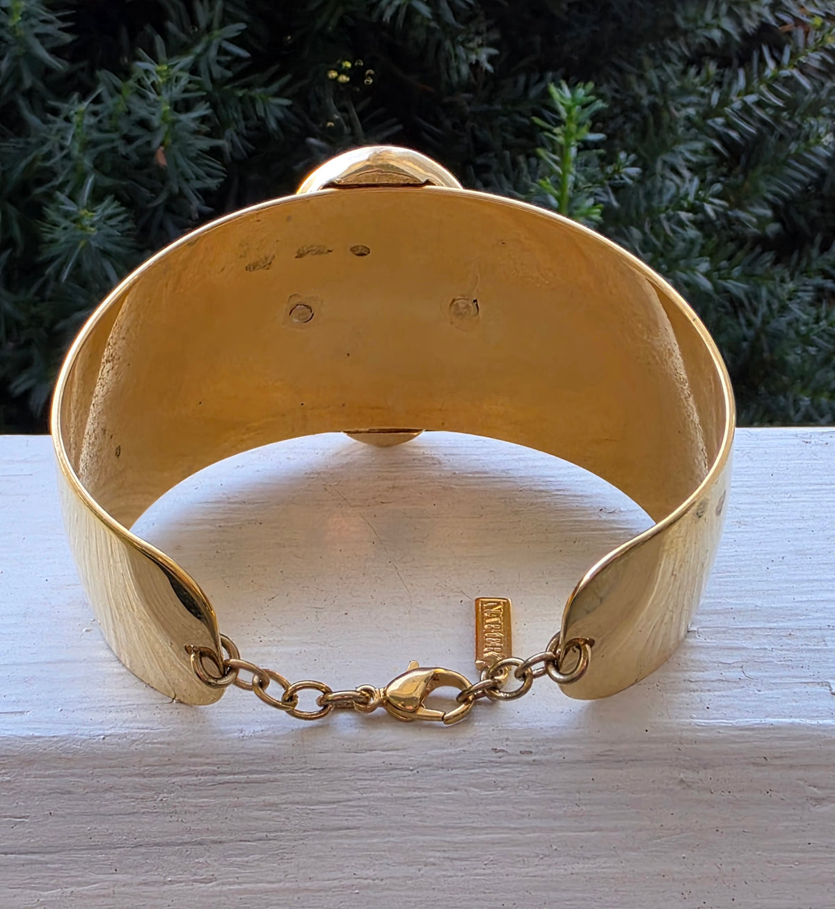 Vintage NAPIER Gold Tone Wide Cuff Bracelet Oval Rhinestone Statement Signed