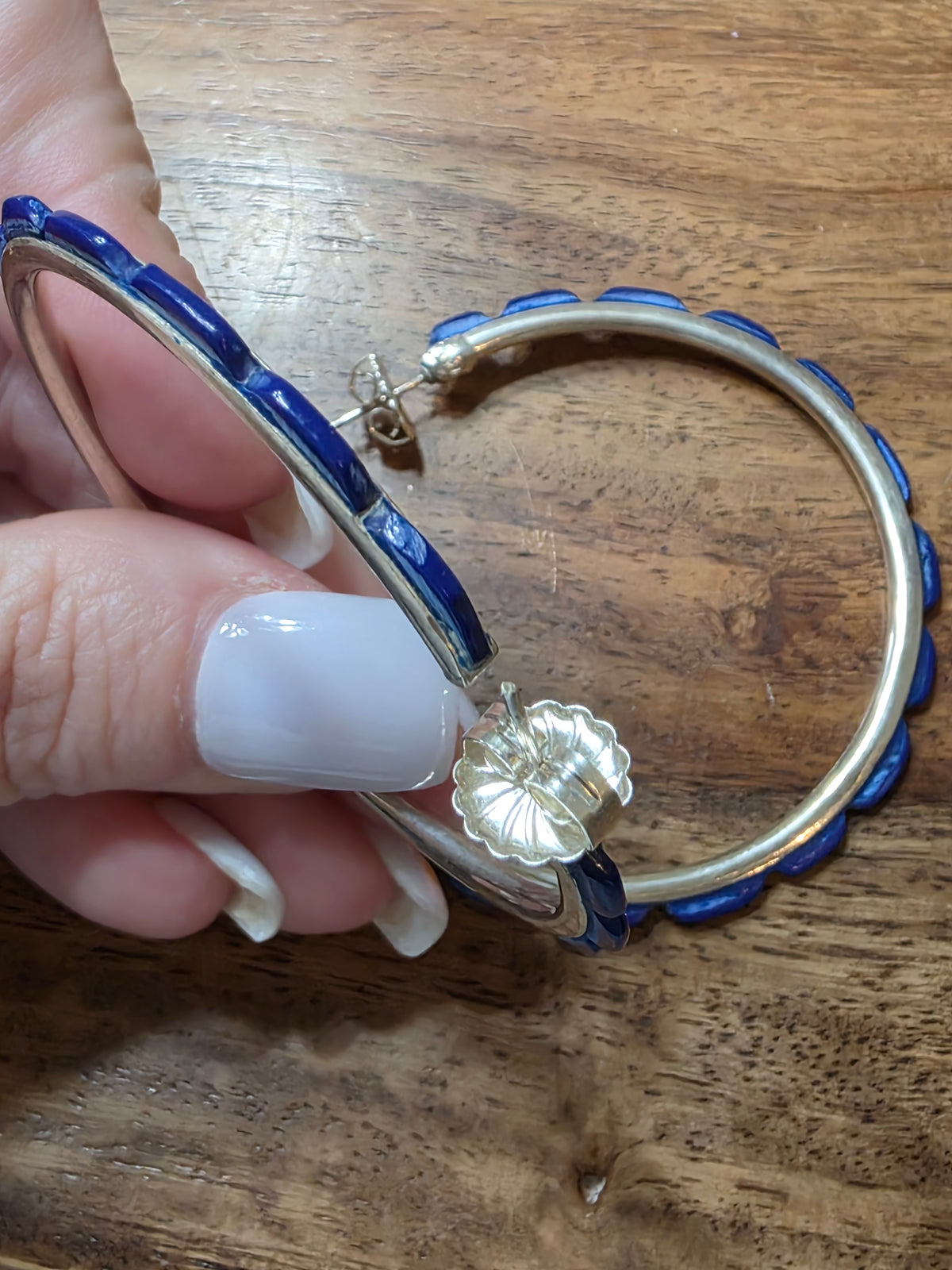 Federico Jimenez Sterling Silver Blue Lapis Lazuli Hoop Earrings 2 3/8"
