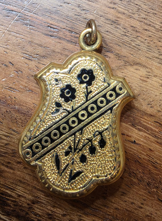 Antique Victorian 1880s Gold Filled Shield Locket Black Enamel Floral Design