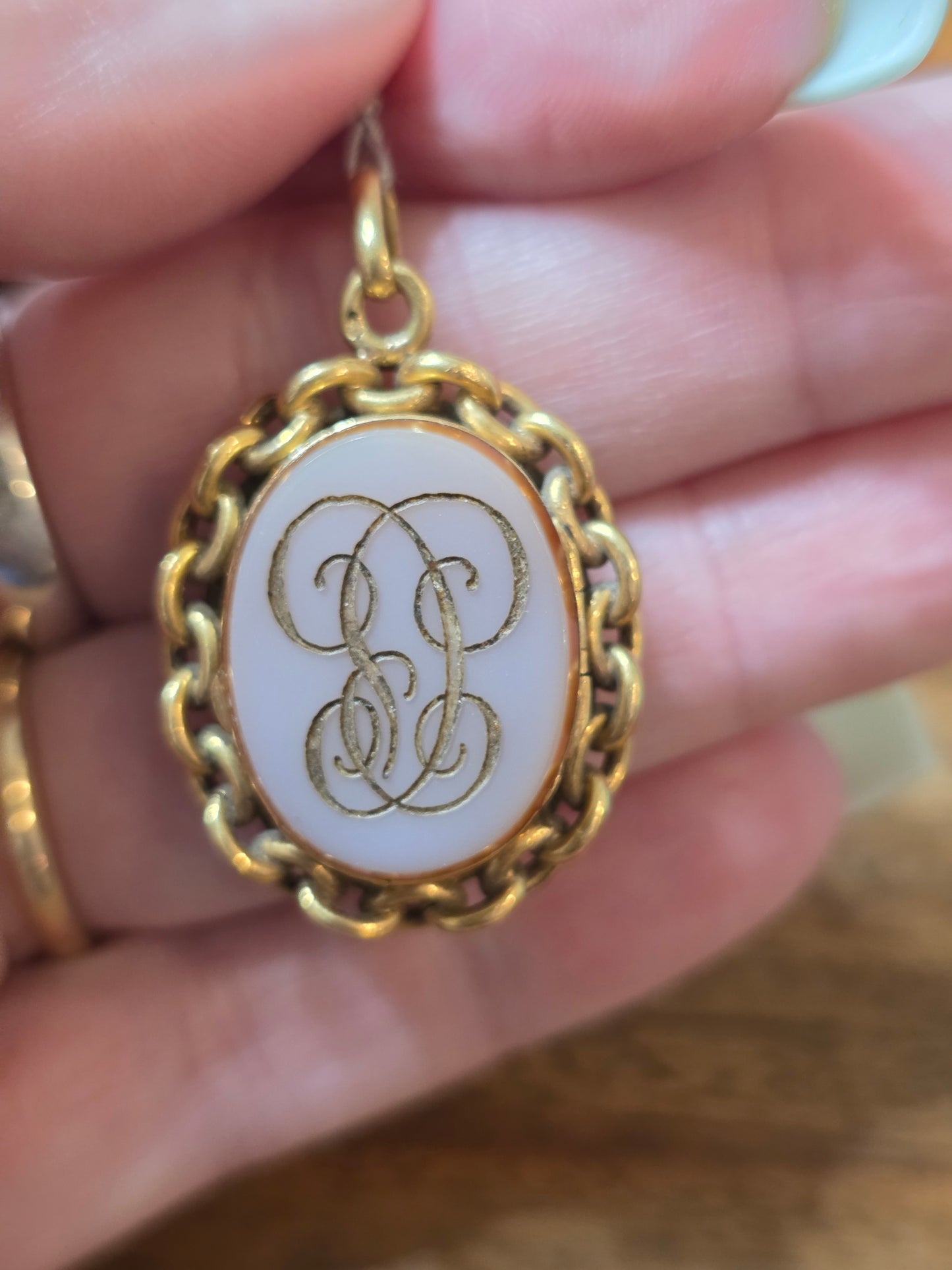 Antique 18k Gold Chain Link Sardonyx Locket Fob with Monogram