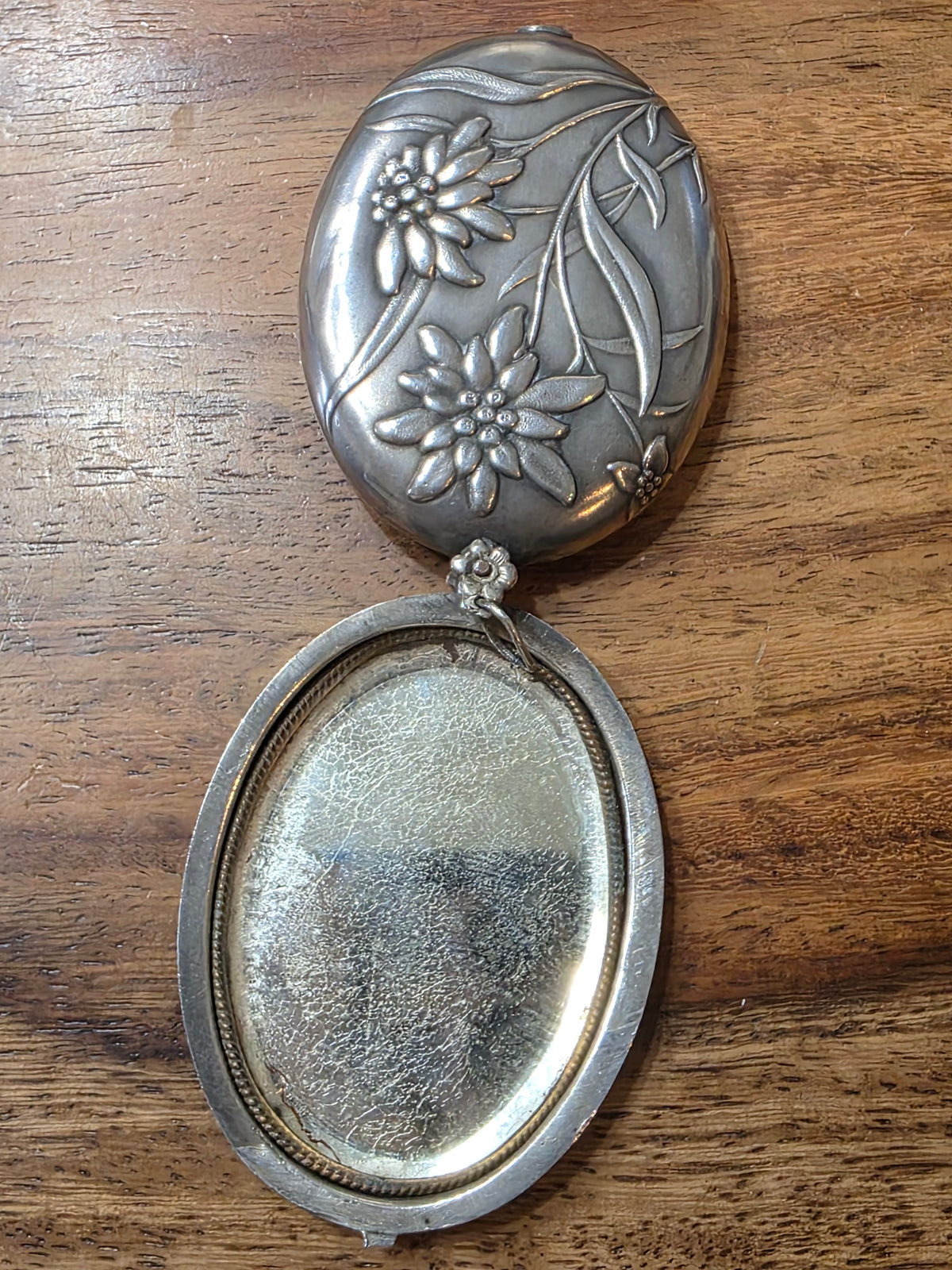 Antique French Art Nouveau Edelweiss Silver Sliding Pocket Mirror Pendant