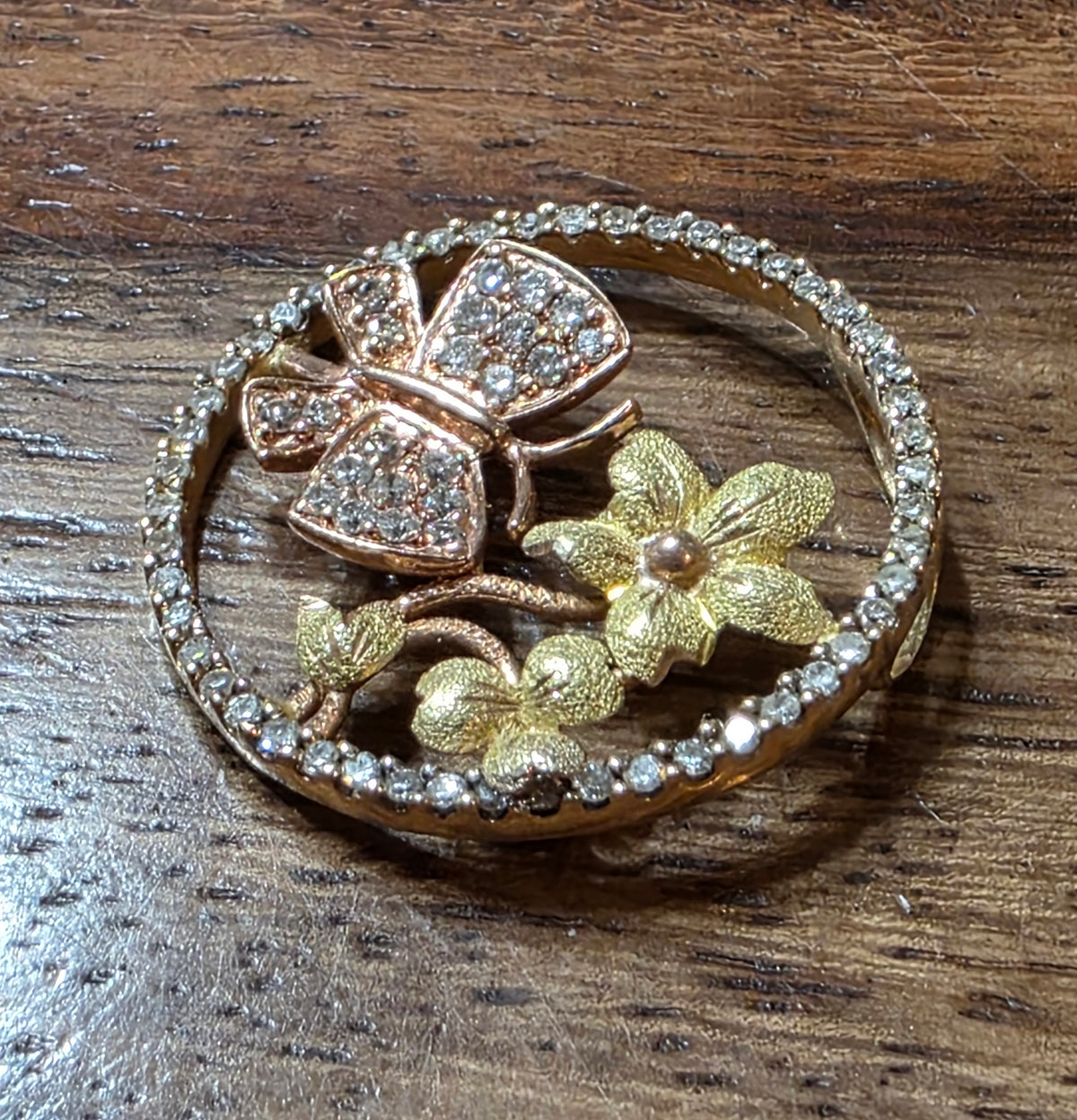 14k Multicolor Gold & Diamond Floral Butterfly Disc Pendant