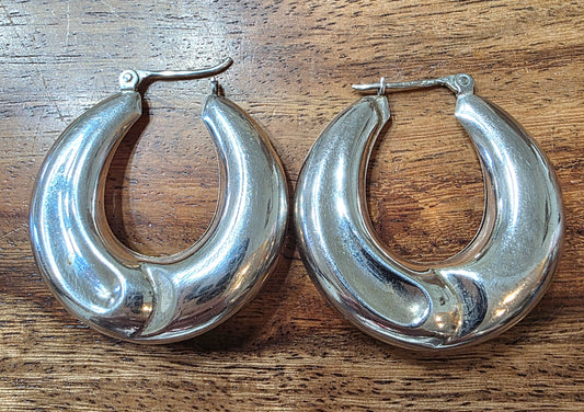 Vintage Sterling Silver Puffy Hoop Earrings, 925