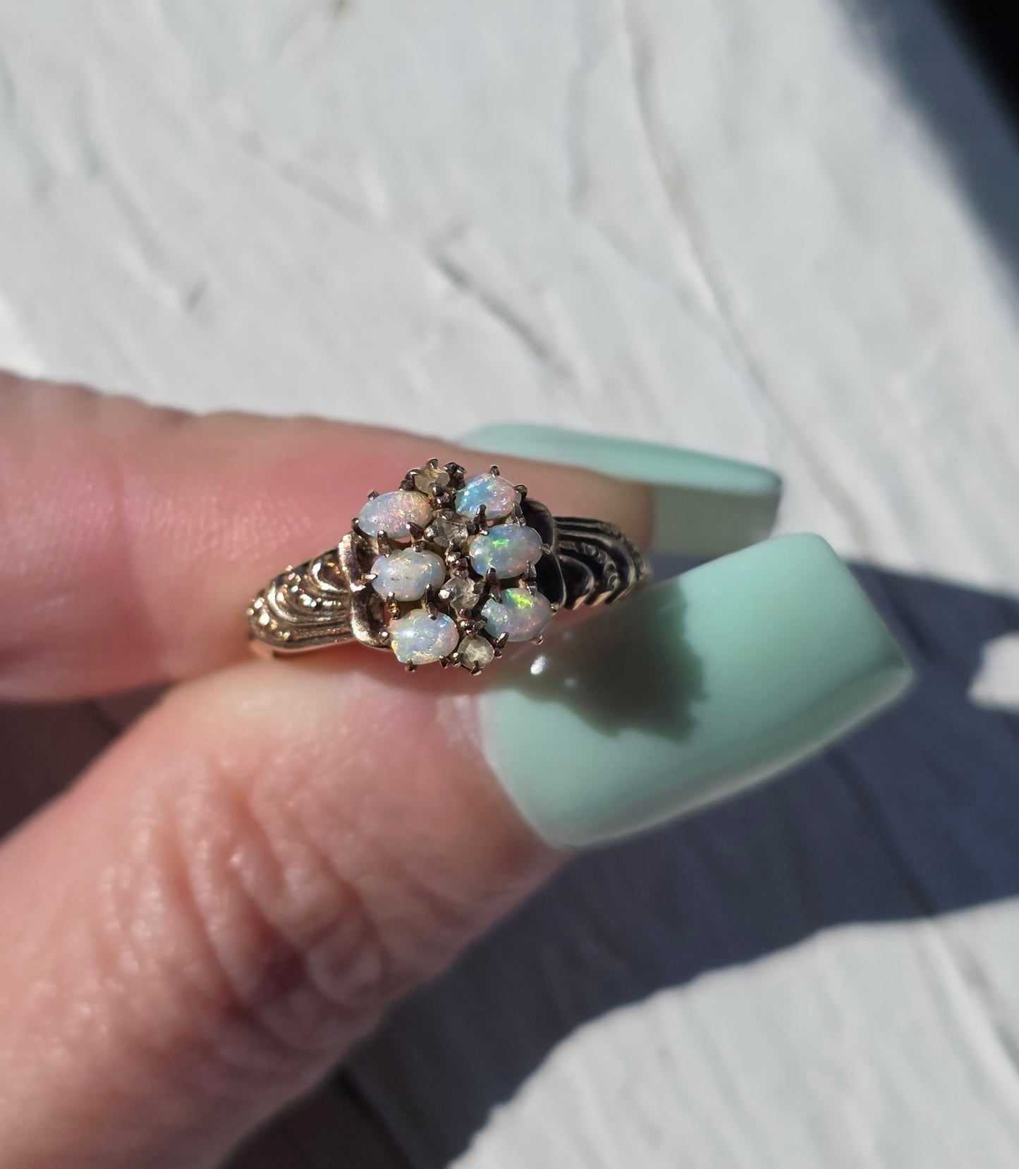 Antique 10k Gold Opal and Rose Cut Diamond Ring