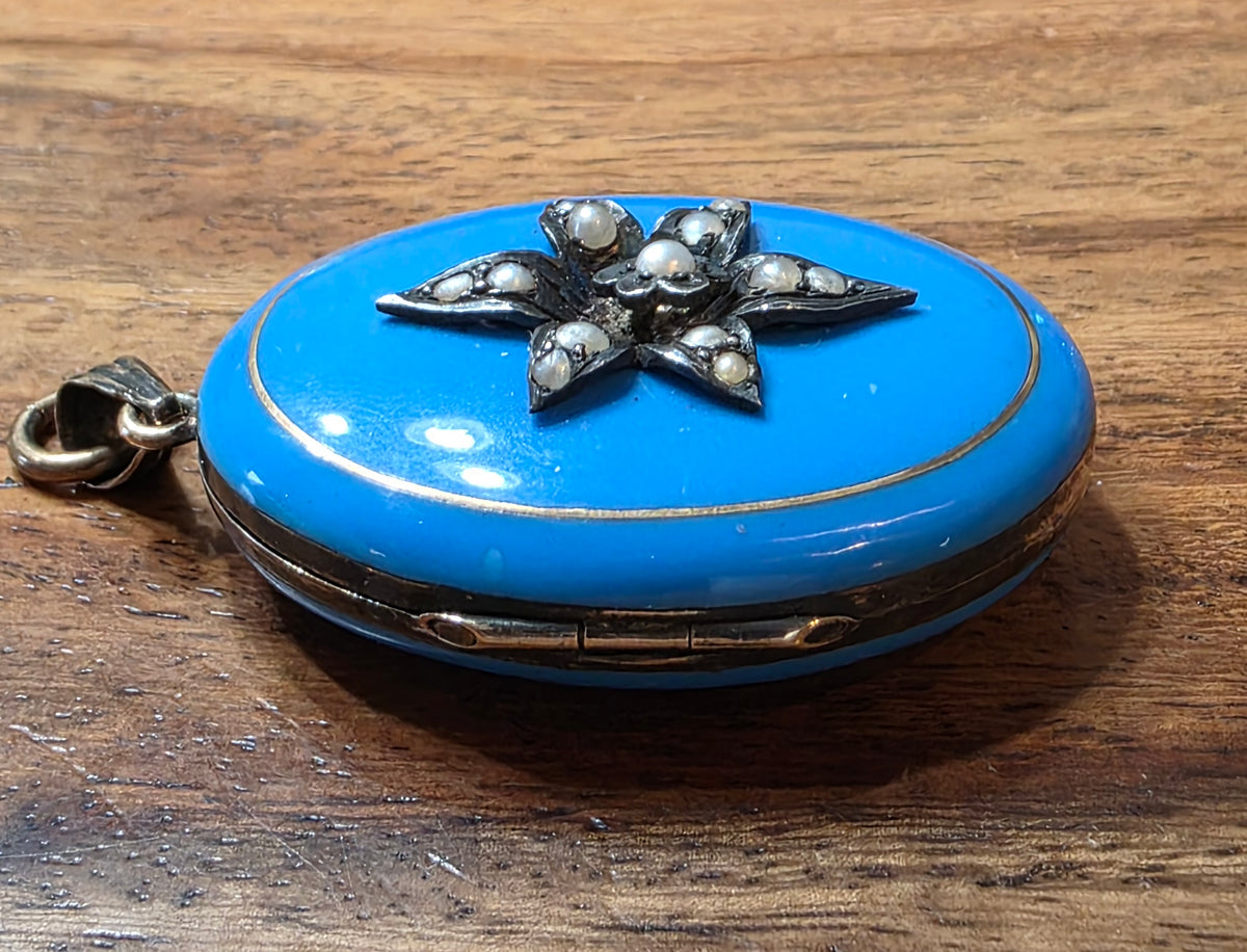 Antique Victorian 10k Robin's Egg Blue Enamel & Seed Pearl Locket