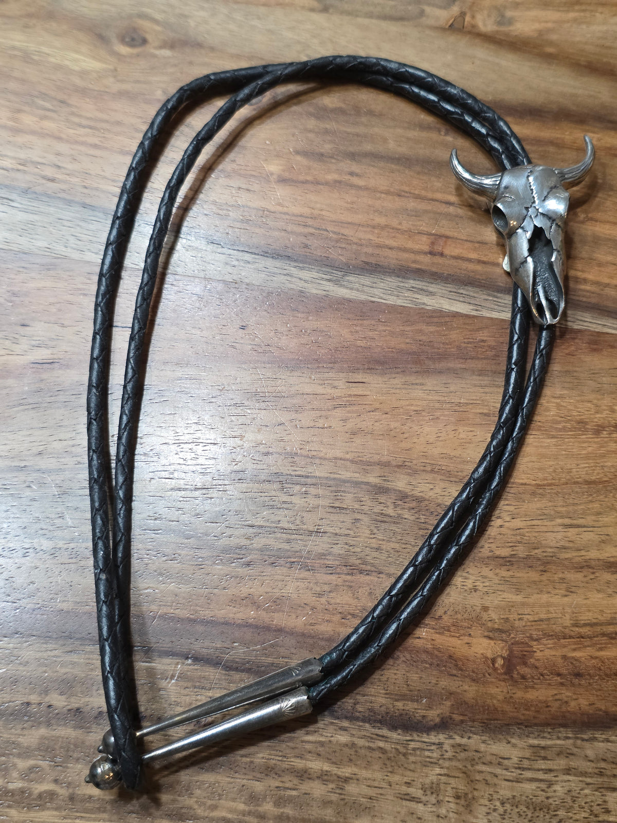 Vintage Southwestern Sterling 925 Highly Detailed Steer Skull Bolo Tie Necklace